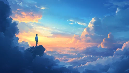 Solitary figure observes glowing sunset above vast clouds