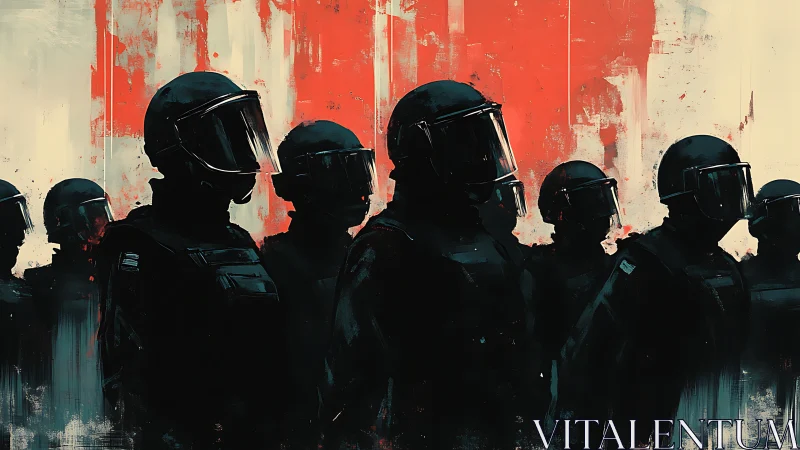 Armored riot police stand in formation before red backdrop
