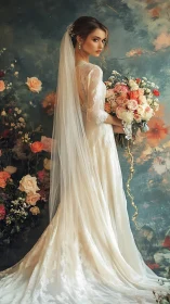 Bride in lace gown stands before floral studio backdrop