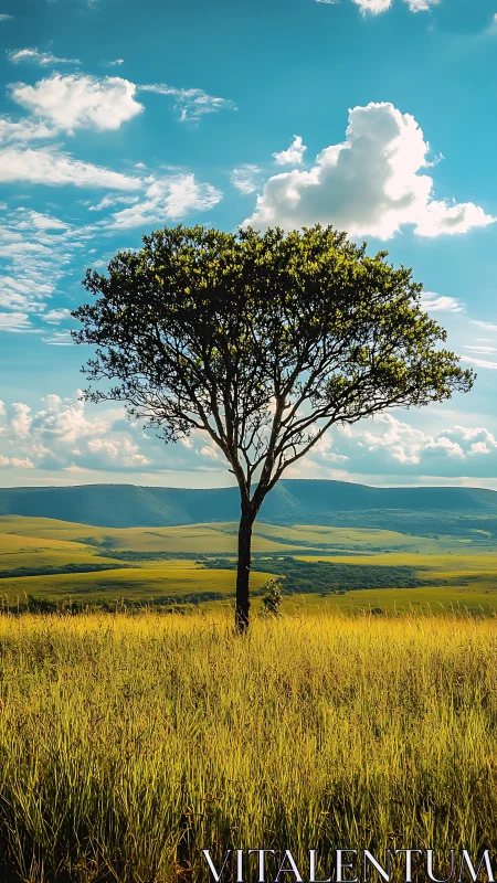 Isolated savanna tree under high-contrast cumulus sky.