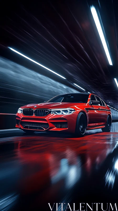 Crimson sports sedan slicing through a neon-lit tunnel.