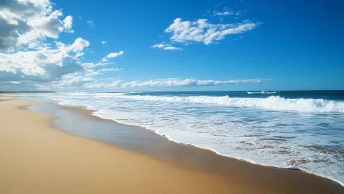 Endless sapphire shoreline where foaming waves hush the sand.