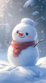 Snowy buddy in red scarf soaking up soft winter light.