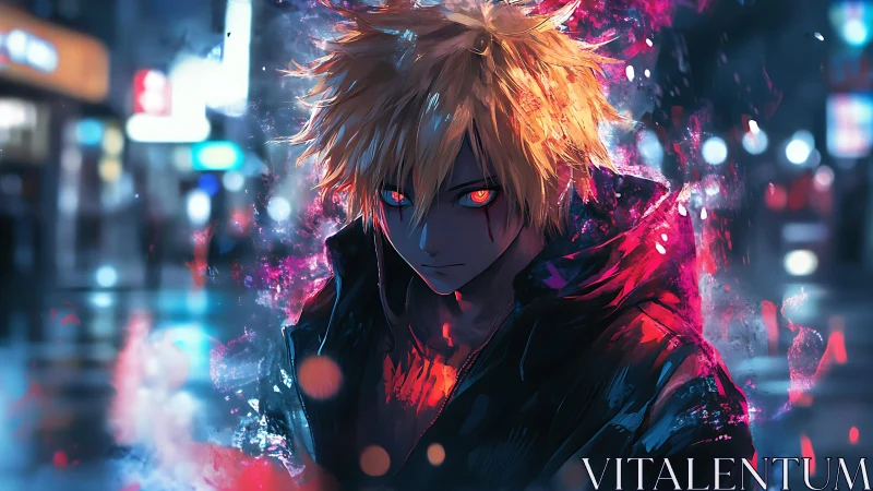 Brooding anime antihero glares through neon soaked night street
