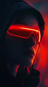 Side profile of hooded figure in red neon visor glasses.