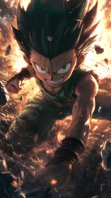 Determined anime hero charging through blazing rubble.