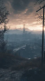 Post-apocalyptic valley at dusk with misty powerlines.