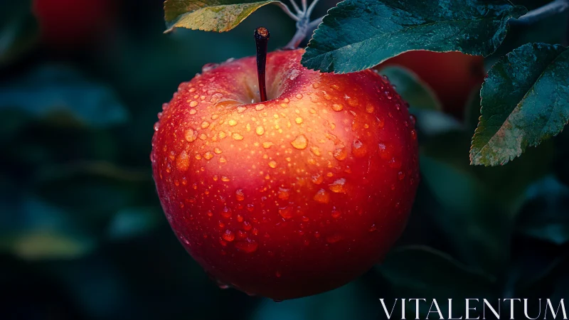 Red apple on tree branch covered in fresh water drops.