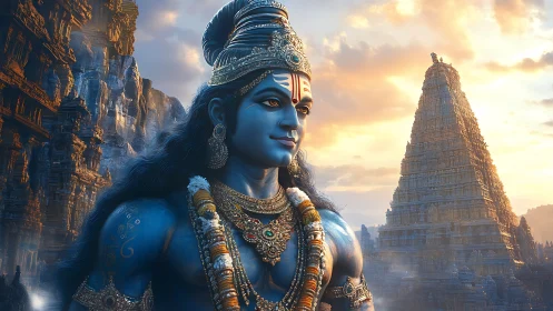 Blue-skinned divine figure before stepped stone temple.