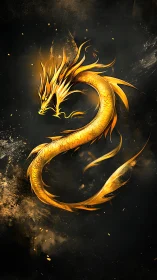 Golden dragon in swirling embers against deep night sky.