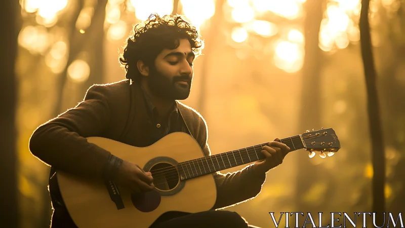 Guitarist enjoys golden hour melody in tranquil forest setting.