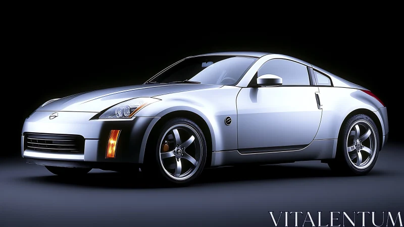 Sleek silver sports coupe under dramatic studio lighting.