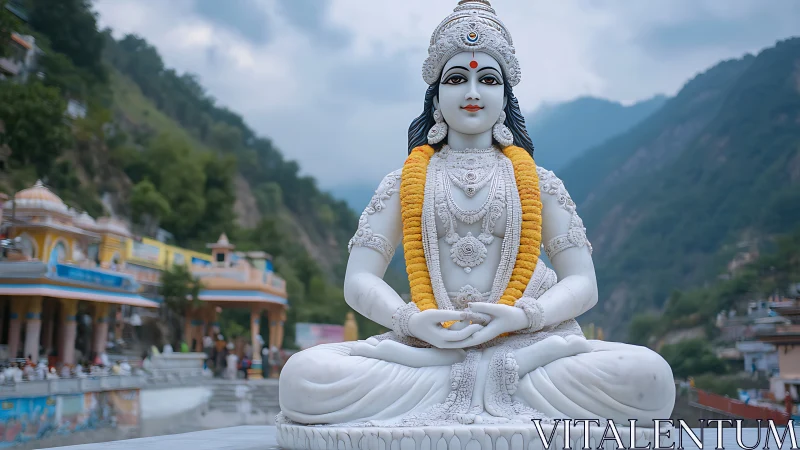 Photorealistic mountain-temple portrait of serene marble deity.