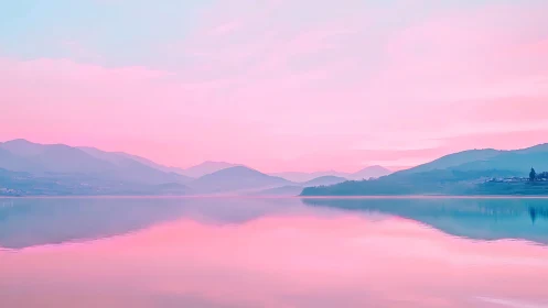 Pastel dusk mountains mirrored on tranquil reflective lake.