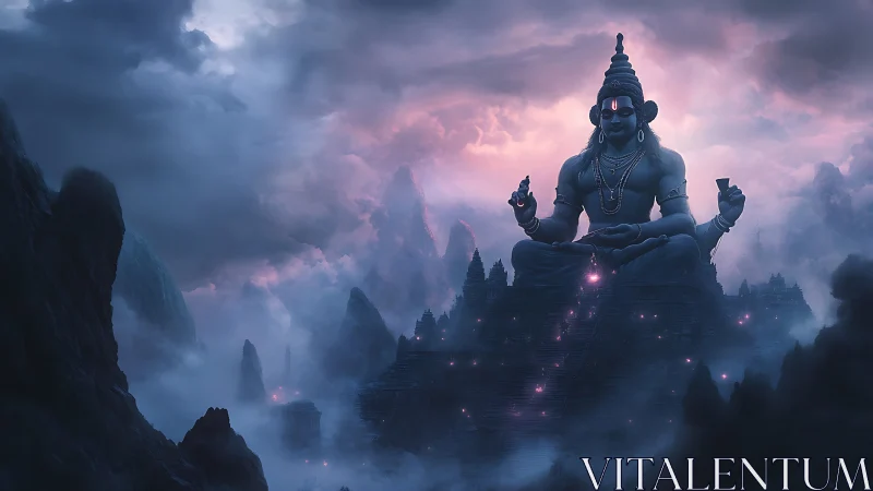 Colossal meditative deity towers above misty temple realm.