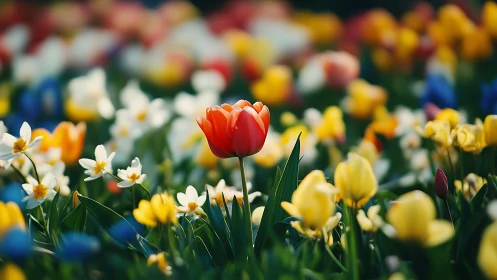 Scarlet Tulip Commands Spring's Multicolored Gathering With Radiant Presence
