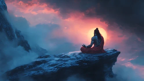 Meditative ascetic on glacial cliff against radiative sunset.