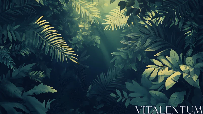 Lush emerald jungle canopy with dappled volumetric light beams.