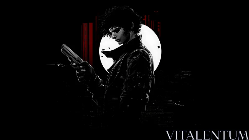 Noir gunfighter silhouetted against stark lunar halo.