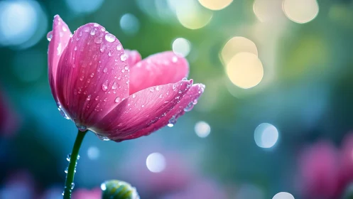 Magenta Tulip With Hyperrealistic Water Droplets Under Natural Bokeh.