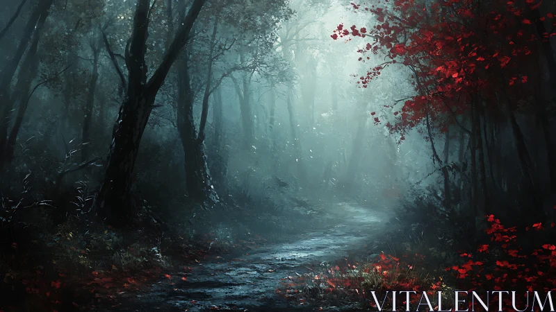 Misty Forest Path: Crimson Foliage Against Blue Fog