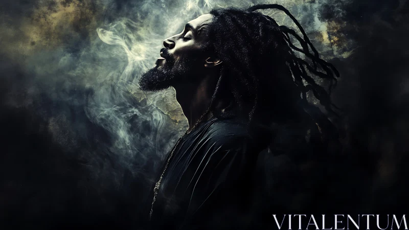 Profile portrait of man with dreadlocks in rising smoke.