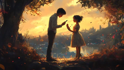 Two figures face each other under golden autumn light