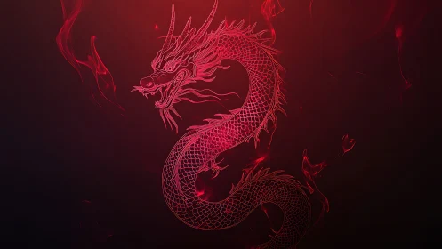Red line-art dragon illustration on dark gradient background.