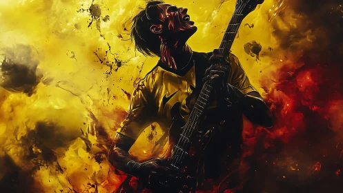 Guitarist immersed in inferno-toned abstract energy storm.
