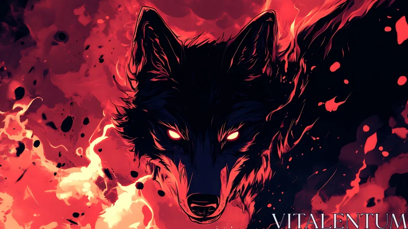 Infernal wolf portrait in high-contrast crimson firestorm.