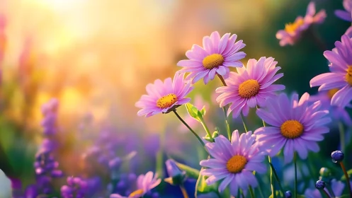 Pink daisies photographed with shallow depth of field during golden hour lighting conditions.