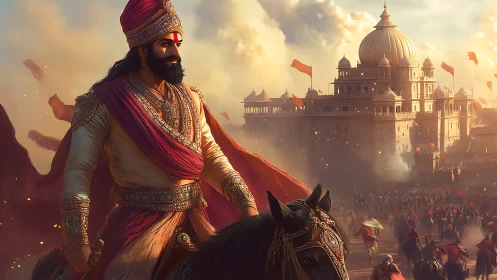 Digital rendering depicts mounted ruler before domed palace