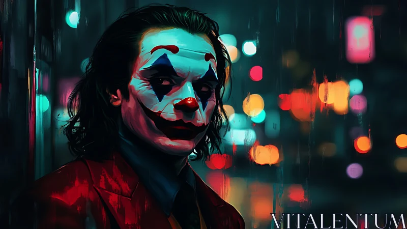 Cinematic clown portrait under neon bokeh with high contrast lighting