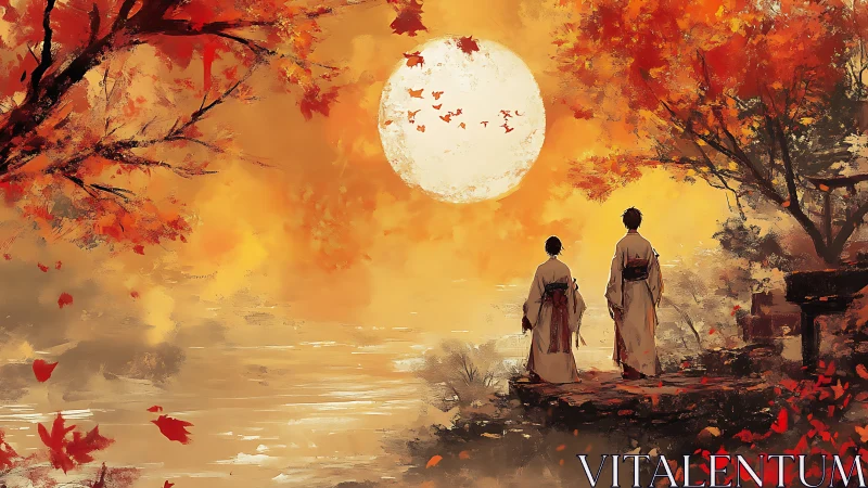 Two robed figures under large autumn moon at shore.