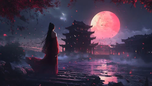 Moonlit scarlet river dream with silent temple watcher.