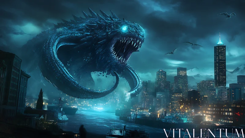 Colossal sea serpent rises over a glowing midnight cityscape.
