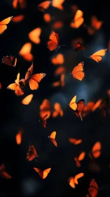 Glowing orange butterflies drift gently across a dark sky