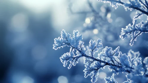 Delicate frost crystals glow against a soft winter haze.