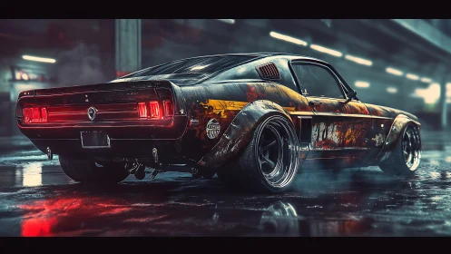 Weathered muscle car smolders in neon-lit underground garage