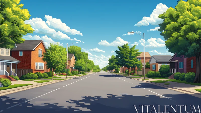 Sunny suburban residential street with detached houses, trees