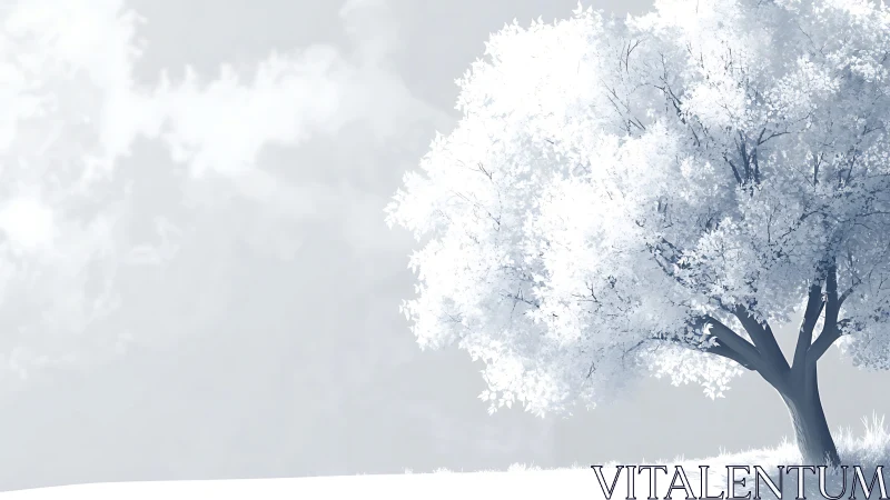Dreamy Winter Tree in Minimalist Pastel Landscape Illustration.
