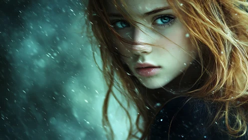 Red haired girl with intense teal eyes faces swirling snow