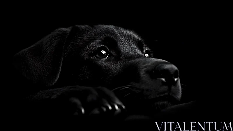 Soft-eyed black dog glows gently against deep shadows