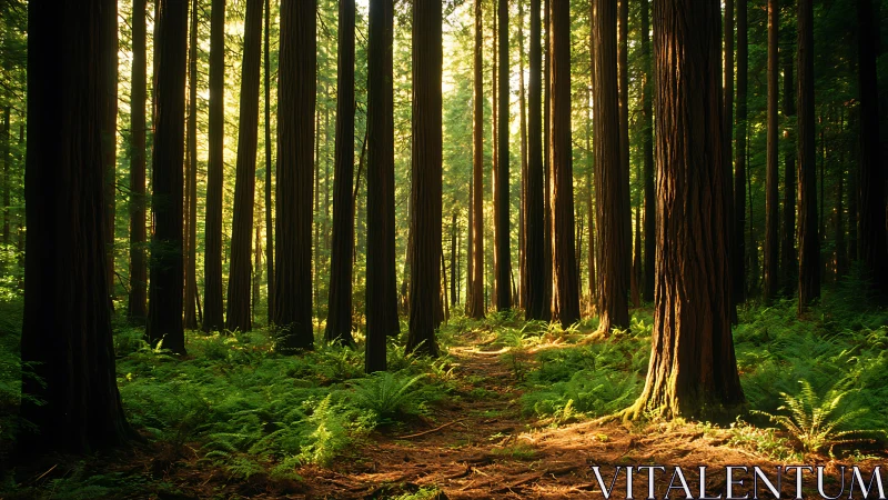 Cathedral-Scale Redwoods Frame Golden Sunlit Forest Floor