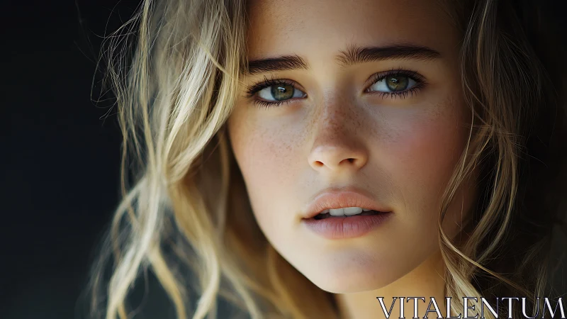 Soft-lit close portrait of freckled woman in muted tones.