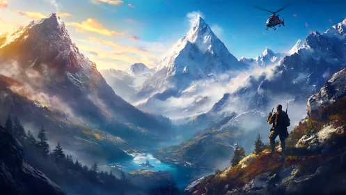 Explorer gazes over glowing mountain valley adventure vista.