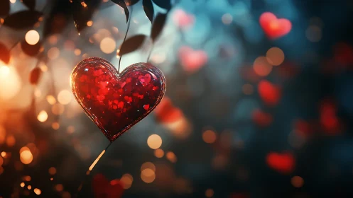 Glowing Heart Lollipop Suspended in Dreamy Bokeh Light