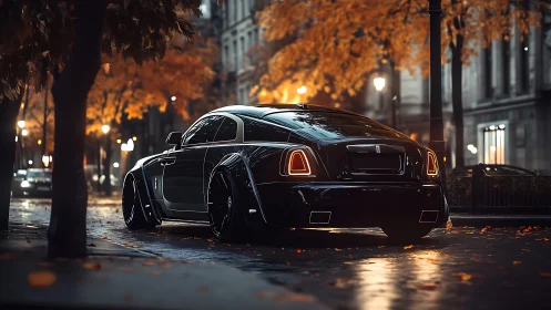 Midnight coupe prowls through ember-lit autumn city streets