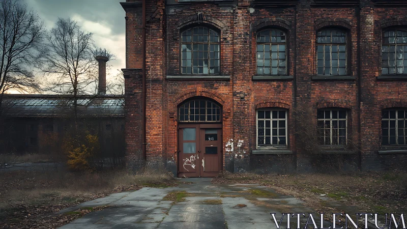 Weathered brick factory stands silent under brooding skies