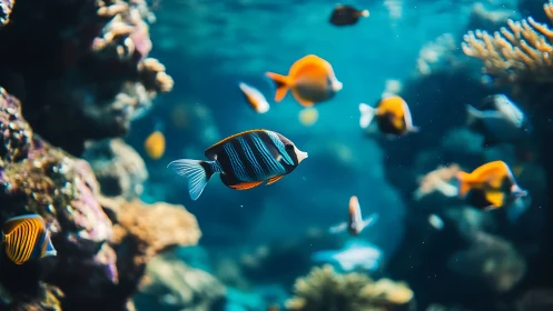 Tropical reef fish swimming among corals underwater scene.